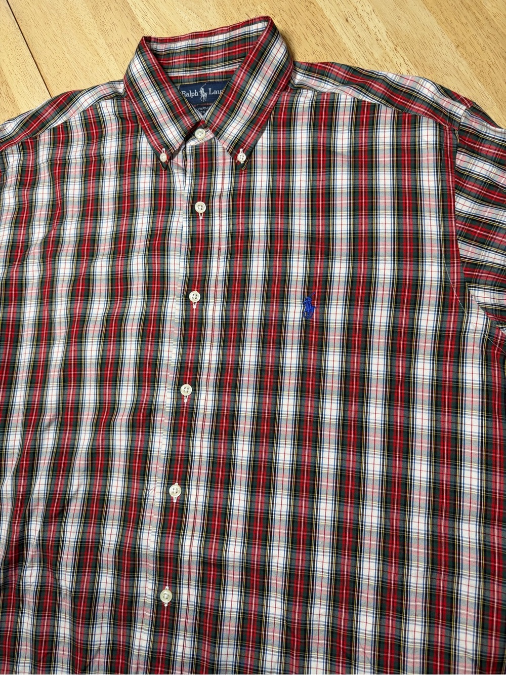 Vintage 90s Polo Ralph Lauren Tartan Plaid Yarmouth Cotton Red Green Shirt XL